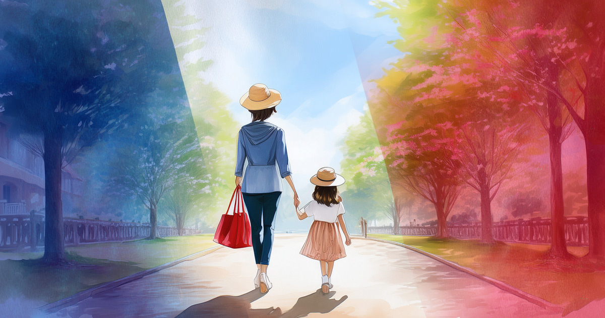 緑の並木道を歩く親子とフランス国旗風の背景