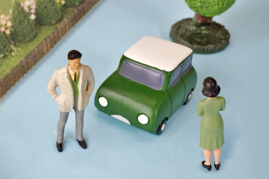 車の前に立つミニチュアの夫婦