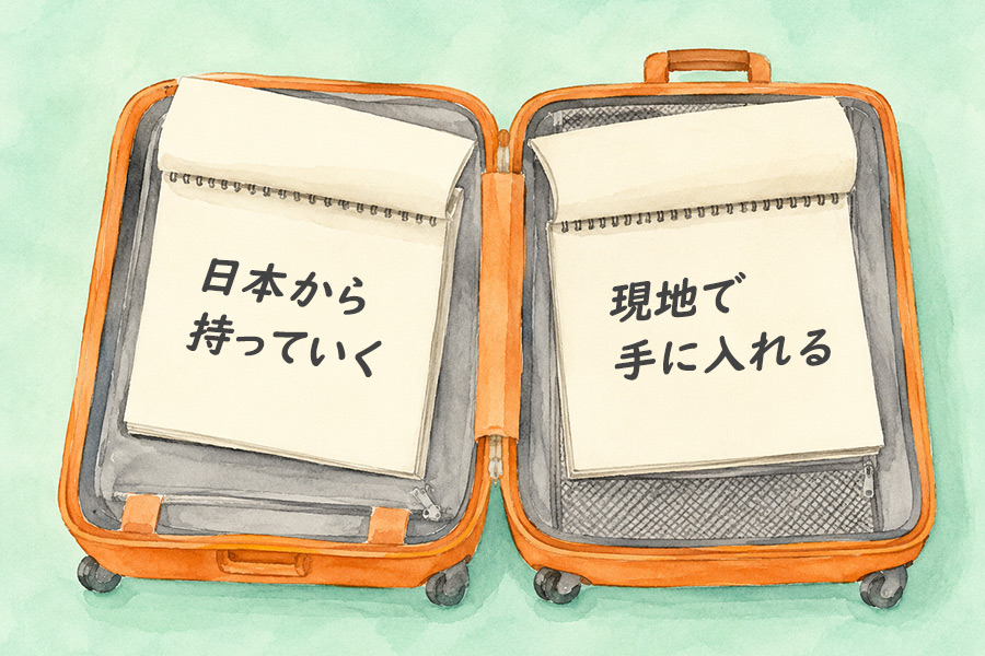スーツケースに「持っていく」「現地で手に入れる」のカード